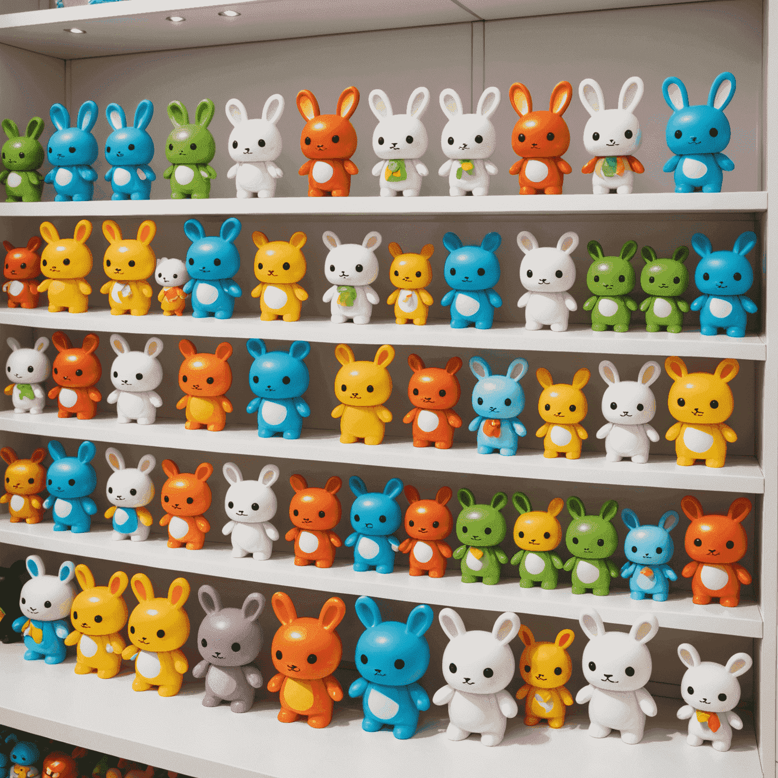 A display of various colorful Pop Mart figures, including Labubu characters, arranged in a visually appealing manner on white shelves
