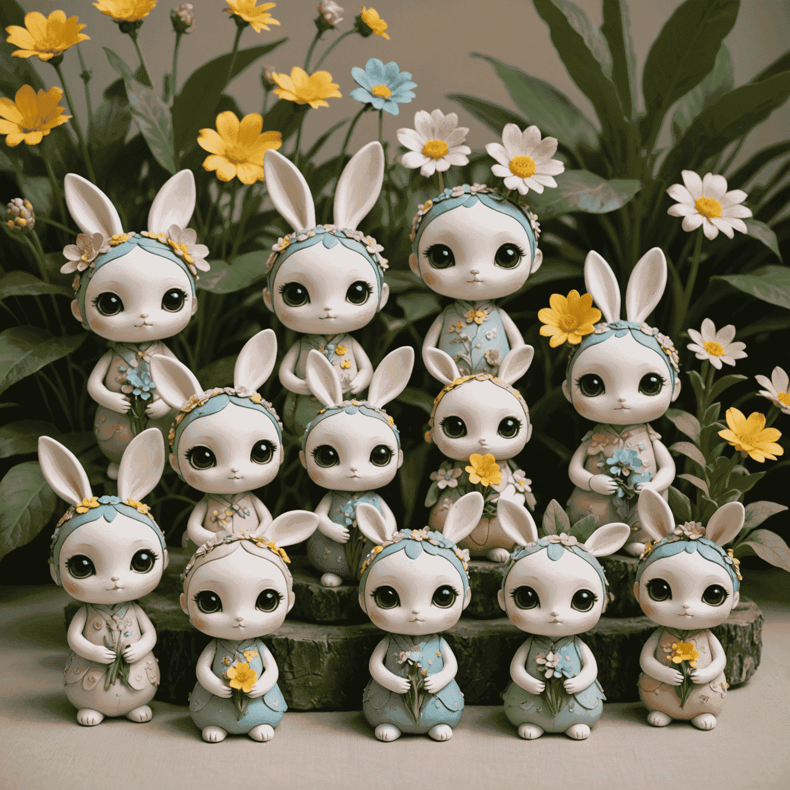 A collection of Labubu figures in pastel colors, each holding a different magical flower. The figures have large, expressive eyes and are posed in whimsical garden settings.
