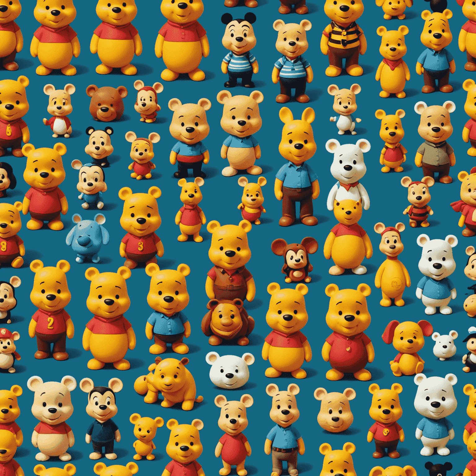 A collection of Pop Mart figures featuring iconic Disney characters like Mickey Mouse, Donald Duck, and Winnie the Pooh. The figures have the signature Pop Mart style with large heads and cute expressions.