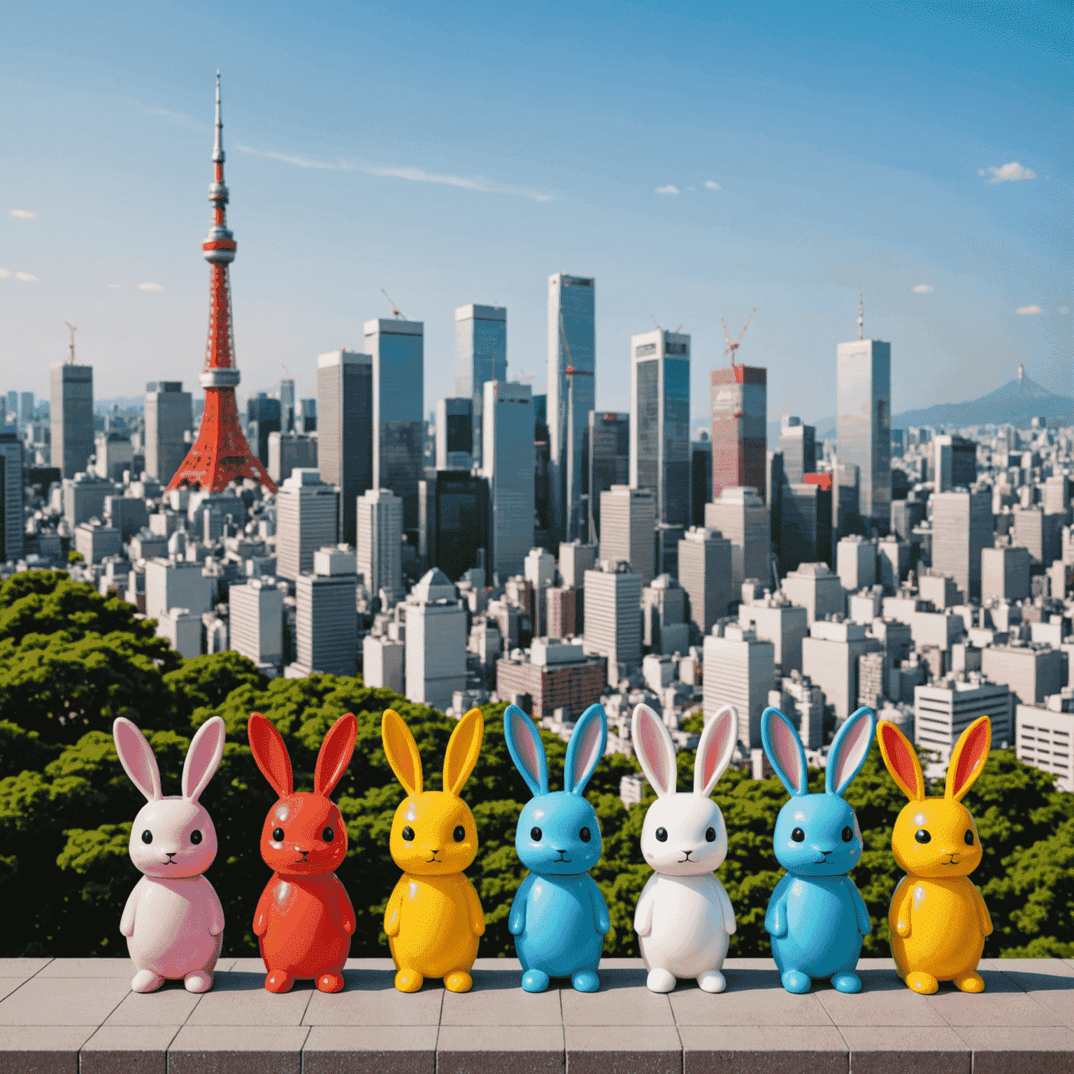 Pop Mart Tokyo Exhibition featuring colorful Labubu figures arranged in a creative display with Tokyo skyline in the background