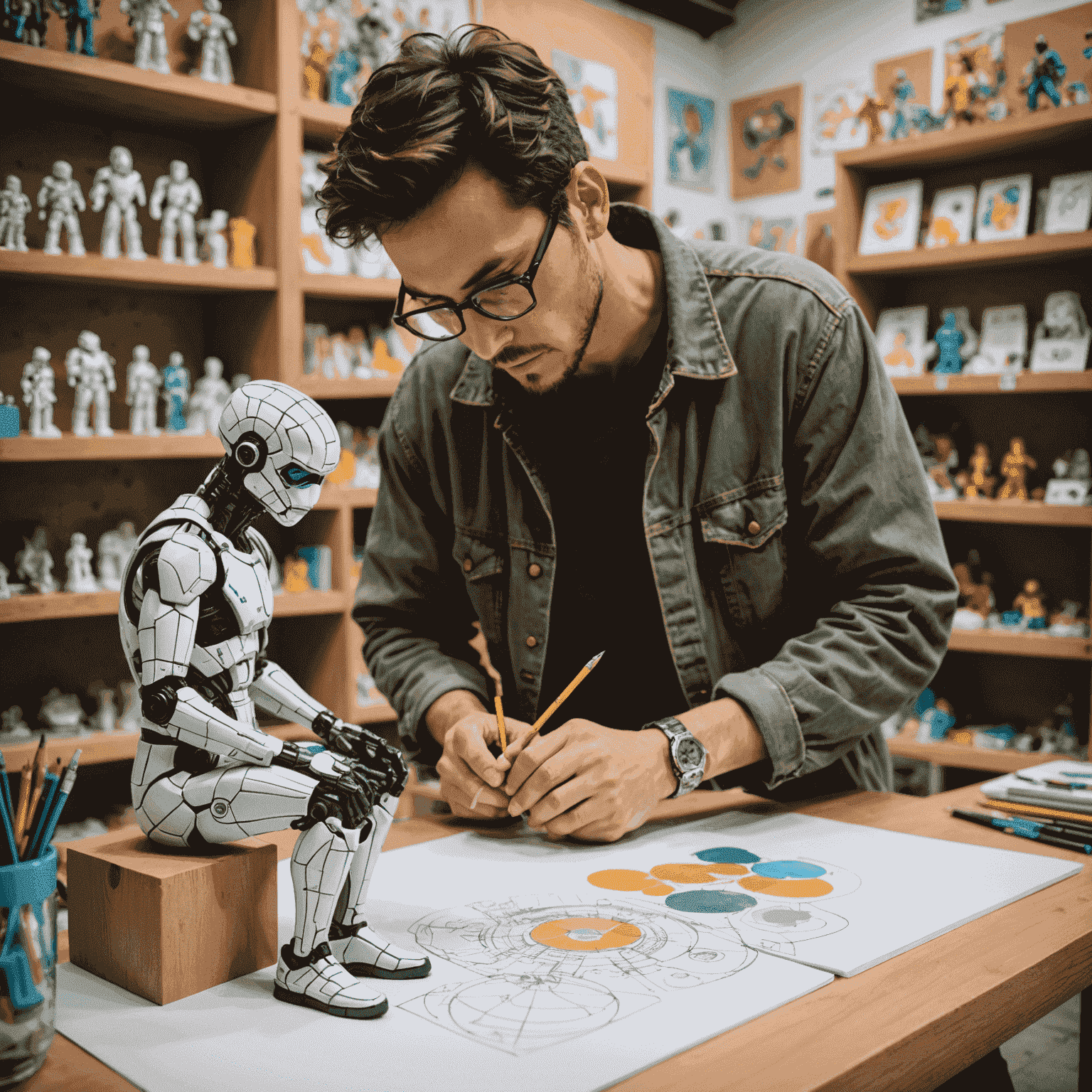 An artist sketching a unique Pop Mart-style figure, with various colorful designs and prototypes visible in the background