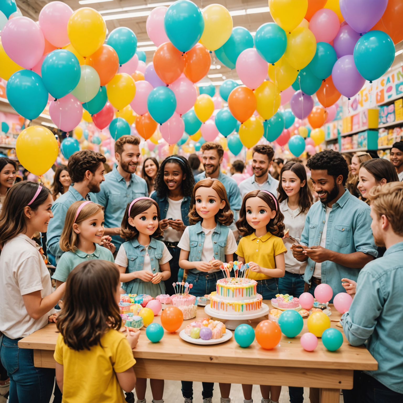 A vibrant scene of a Pop Mart release party with excited collectors examining new figurines on display tables decorated with pastel-colored balloons and banners