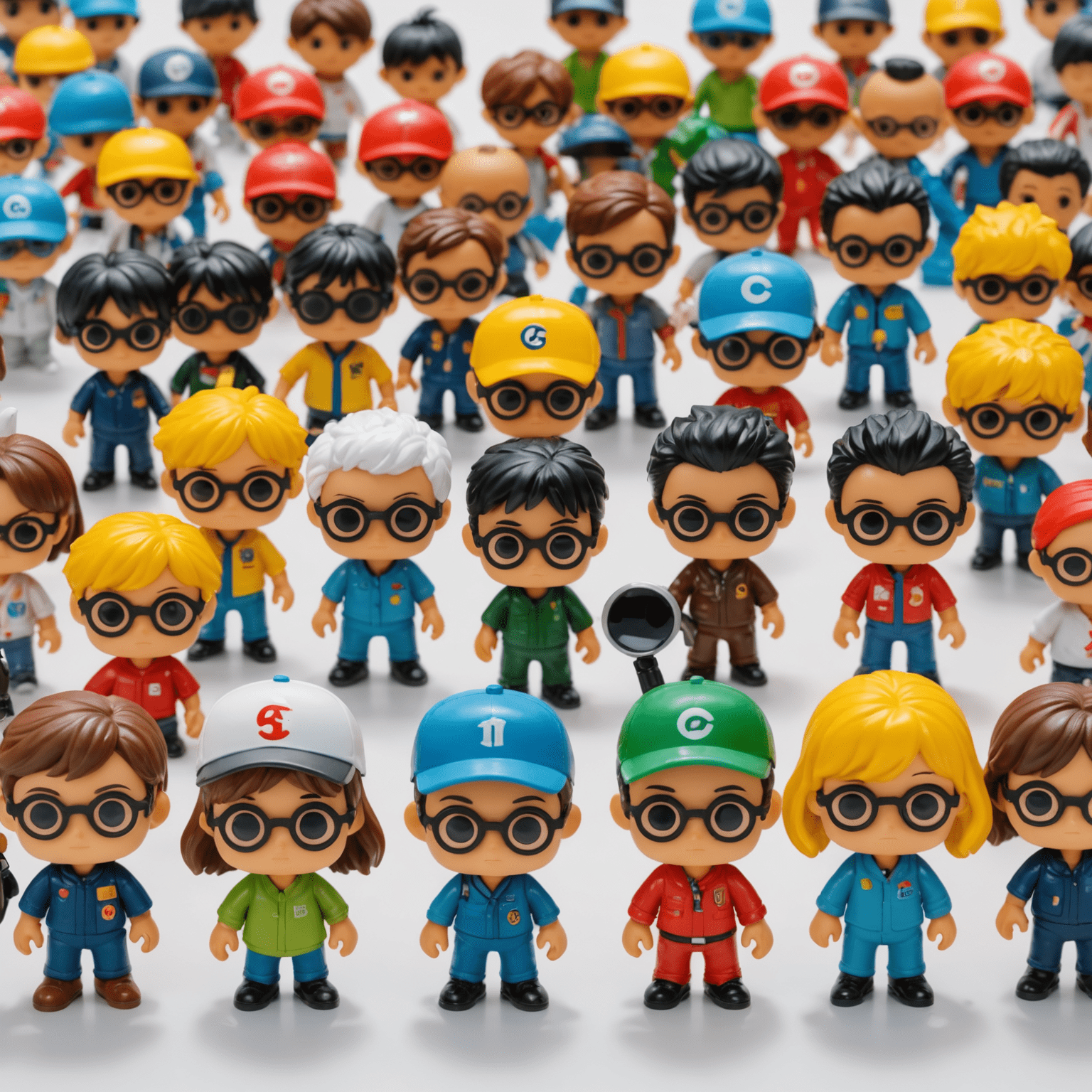 A team of experts carefully examining Pop Mart figures, using magnifying glasses and specialized equipment to verify their authenticity. The image shows a variety of rare and valuable Pop Mart figures, including Labubu characters, displayed on a clean white surface.