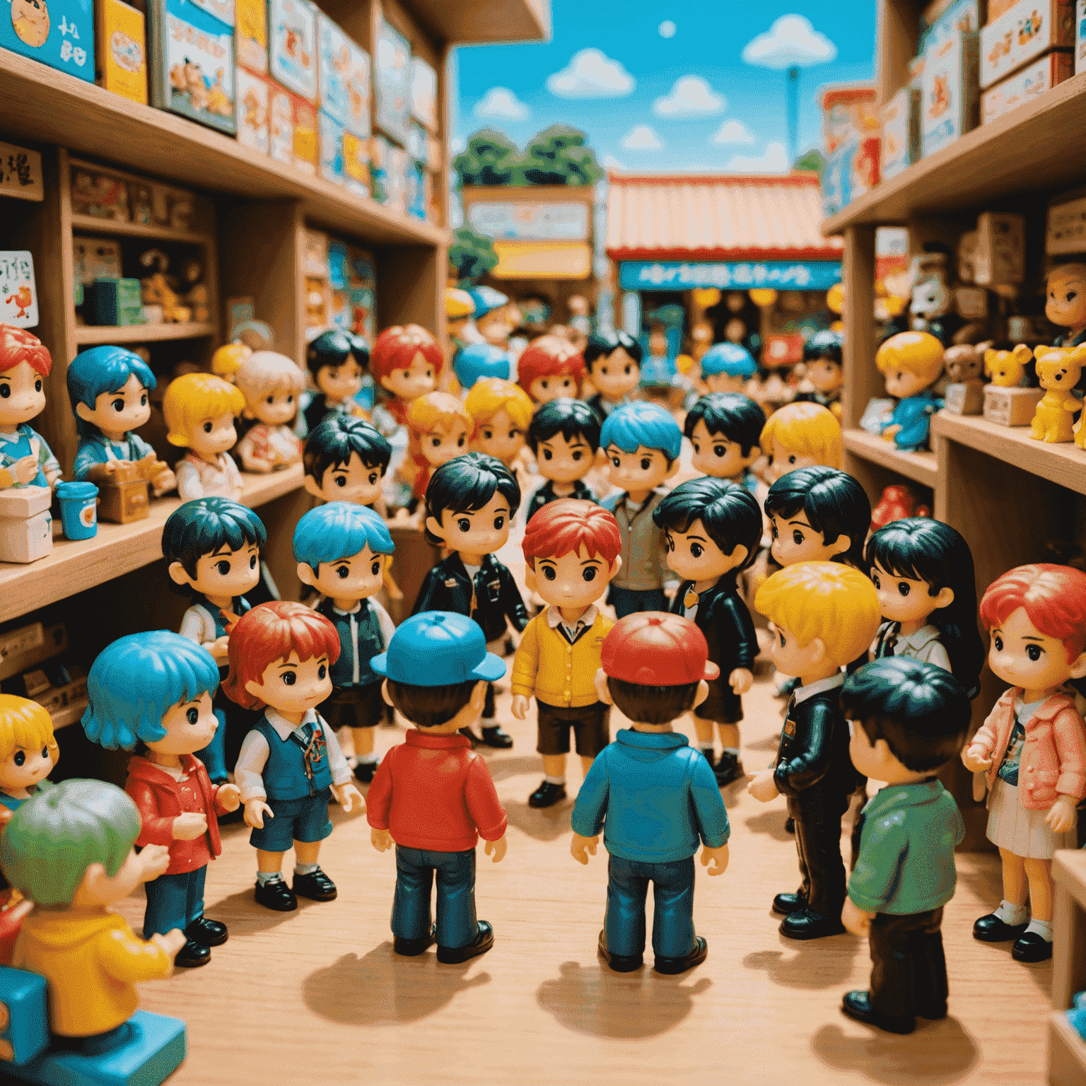 A colorful display of various Pop Mart figures being traded, including popular series like Labubu and limited editions. The image shows collectors exchanging figures and discussing their collections.