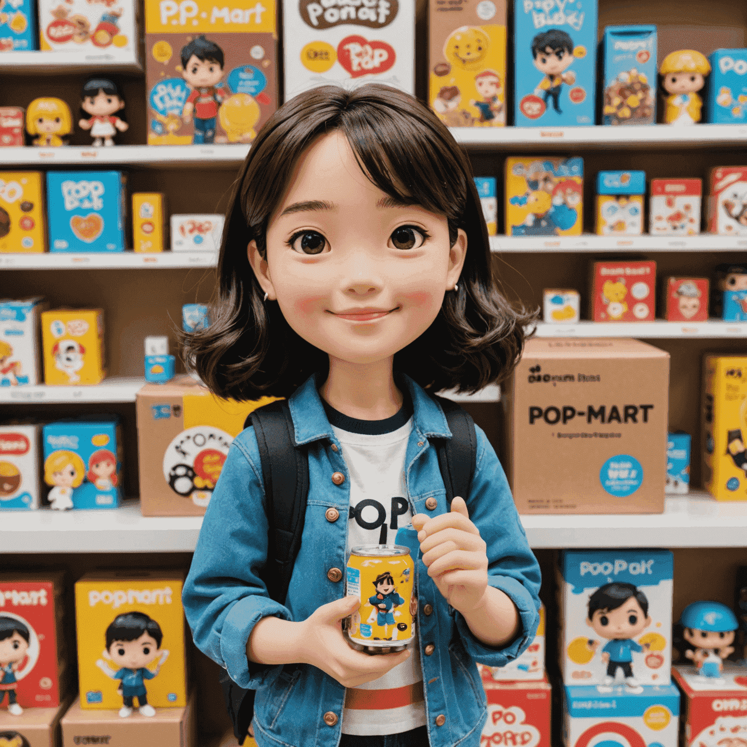 A happy customer holding a newly purchased Pop Mart figure, surrounded by Pop Mart packaging and promotional materials