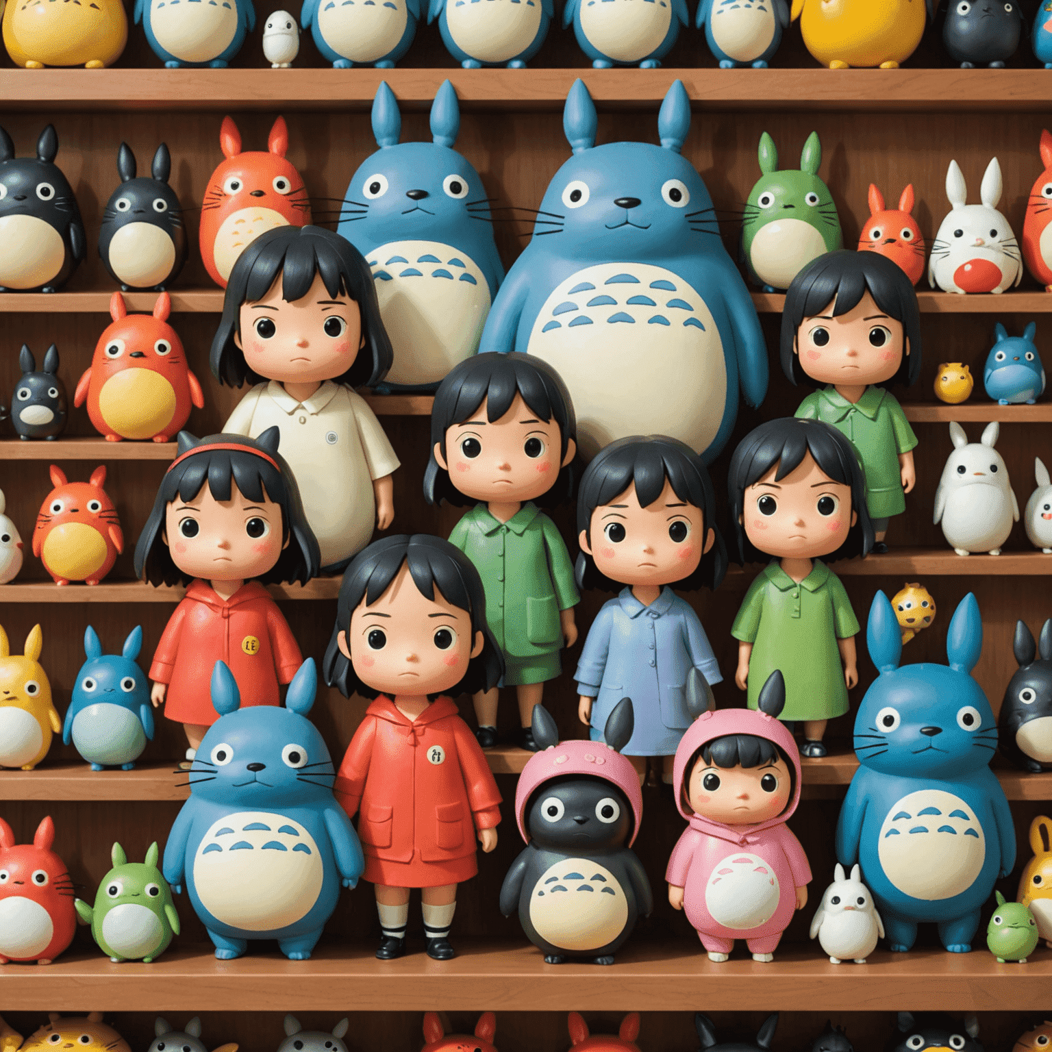 A display of Pop Mart figures inspired by Studio Ghibli films. Characters like Totoro, Spirited Away's No-Face, and Kiki from Kiki's Delivery Service are reimagined in the cute Pop Mart style.