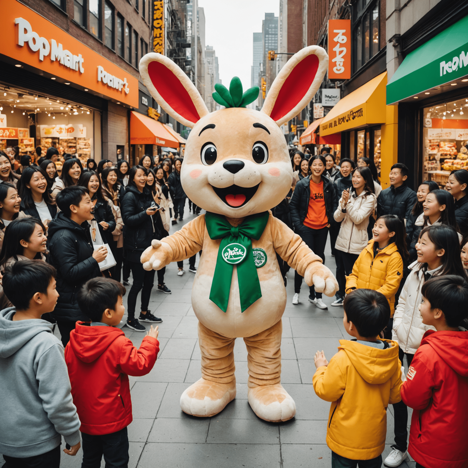 Grand opening of Pop Mart store in New York with a crowd of excited fans and a large Labubu mascot