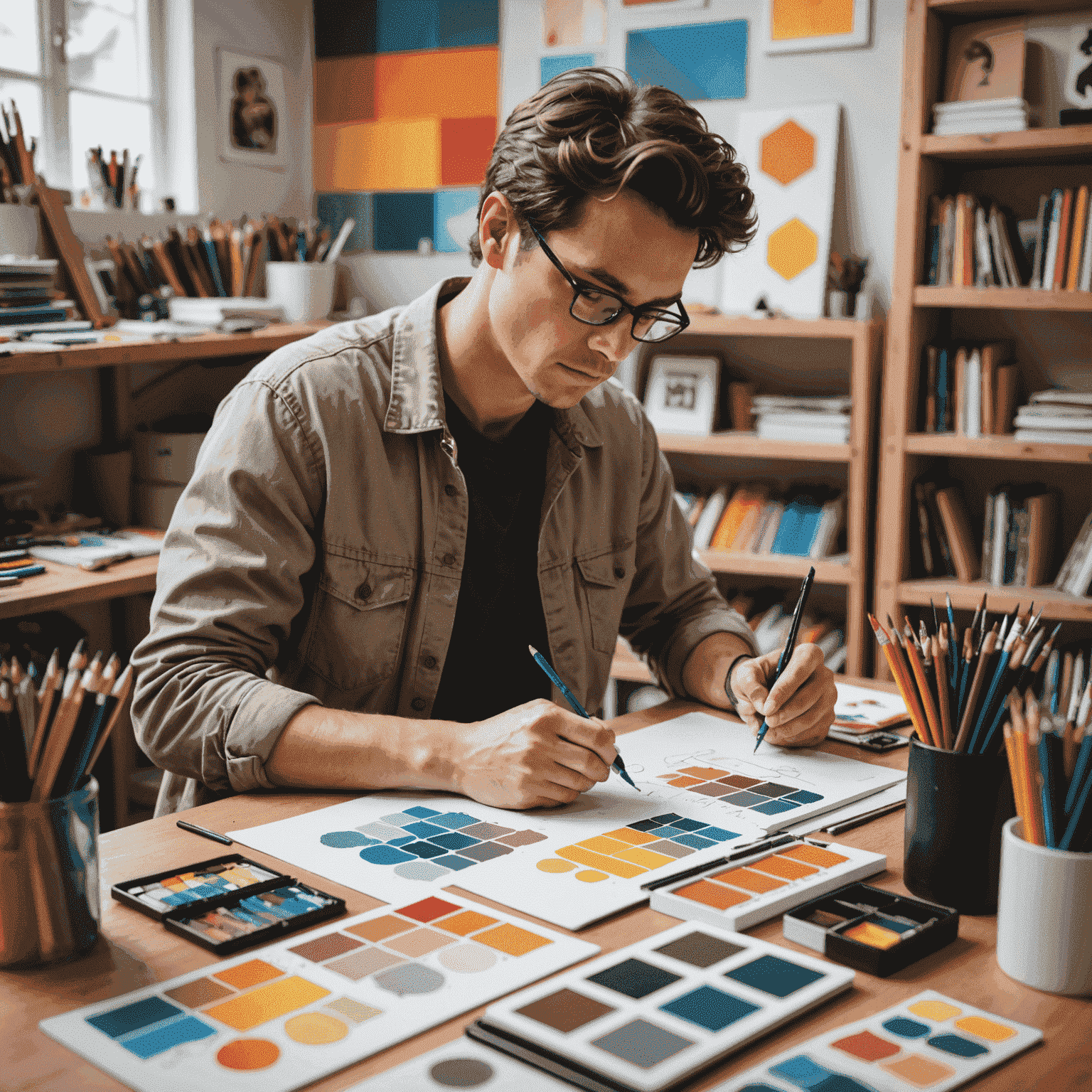 An artist sketching a unique Pop Mart-style figure, surrounded by color swatches and design tools