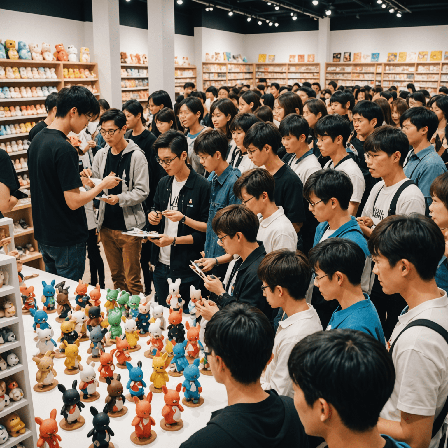 A Pop Mart artist signing event with a long queue of fans holding Labubu figures, waiting to meet the artist seated at a table with various Pop Mart designs