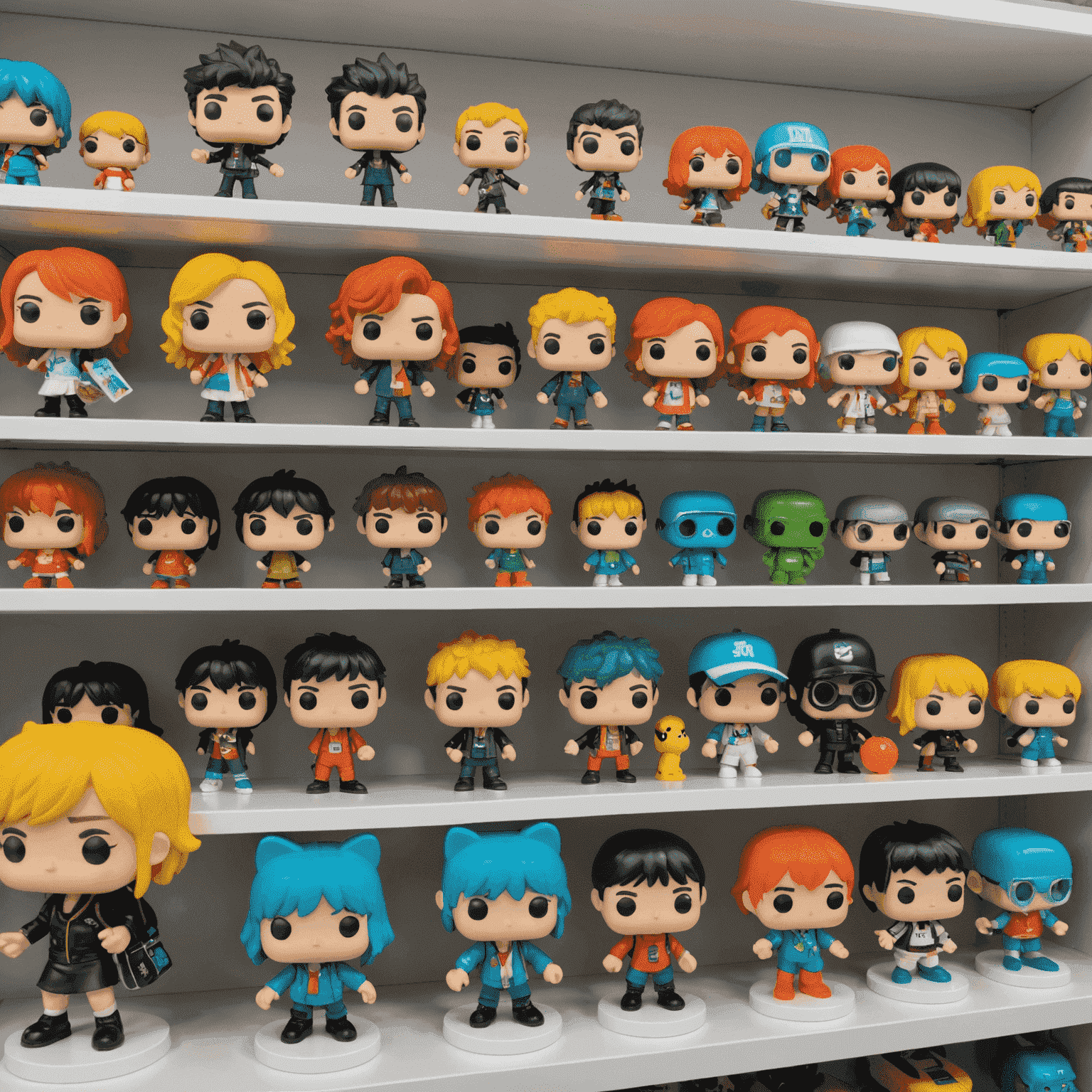 Various new Pop Mart figures displayed on a white shelf, including colorful characters from different series
