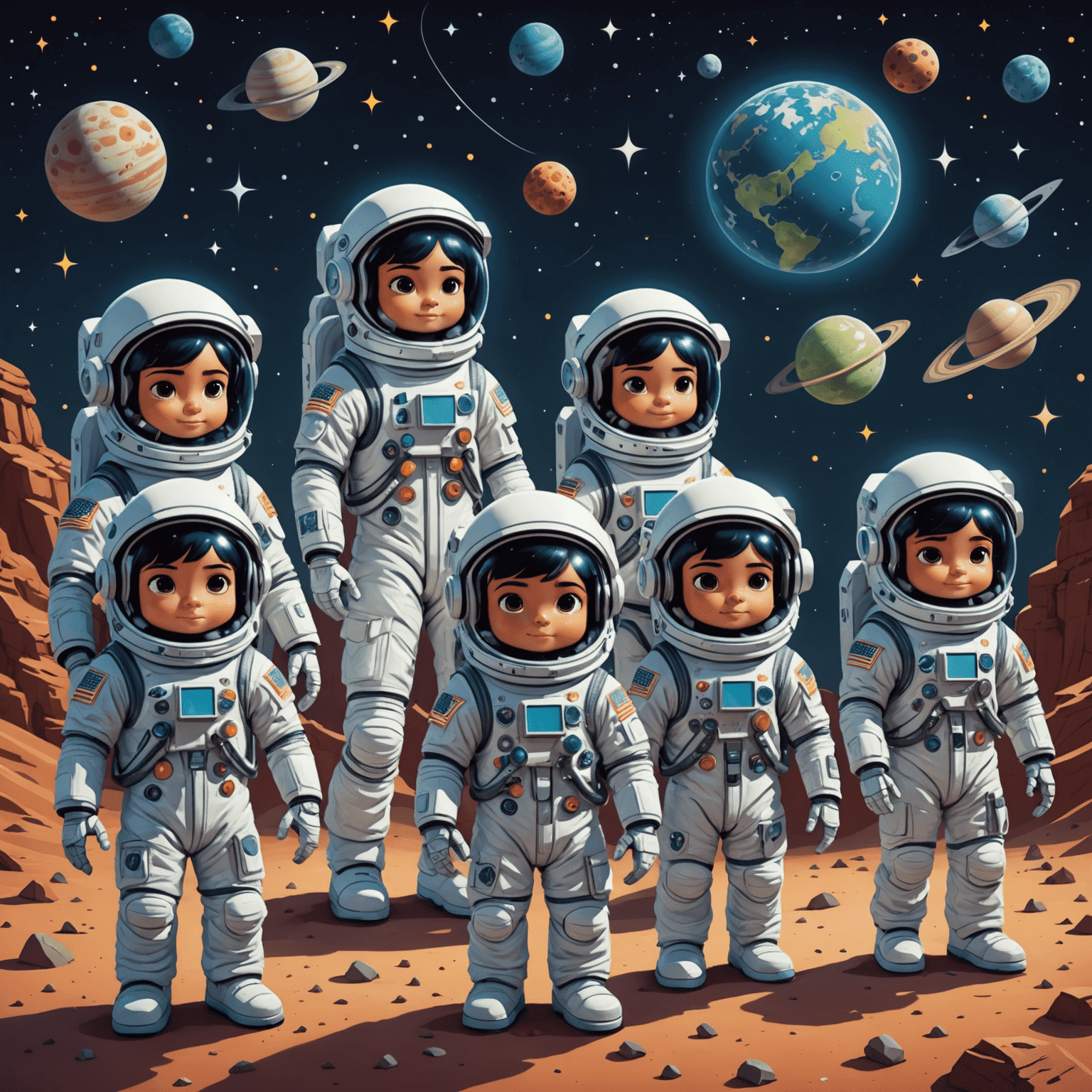A series of Dimoo figures dressed as astronauts and aliens. Each figure has a unique space-themed outfit and accessory, set against a starry background.