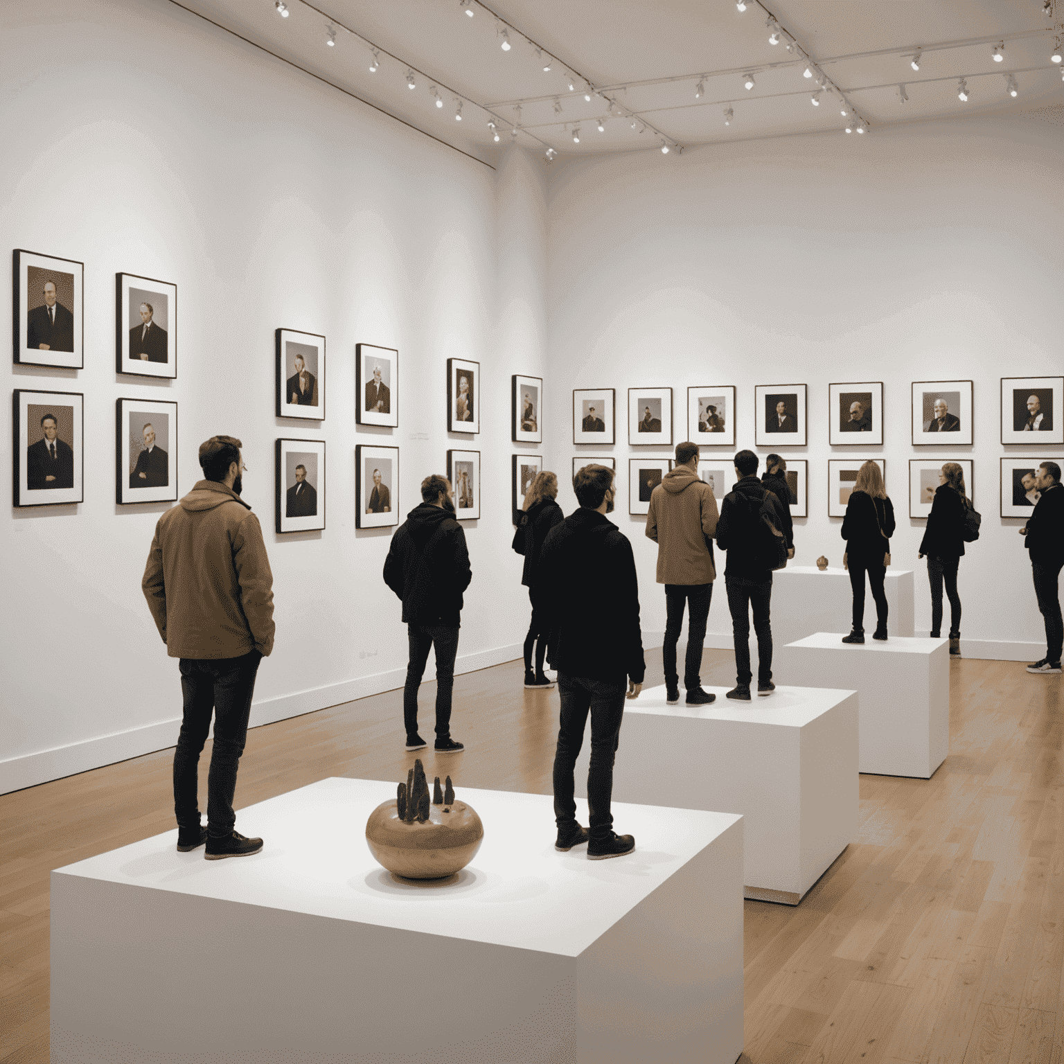 Pop Mart figures displayed as art pieces in a minimalist London gallery with visitors admiring the exhibits