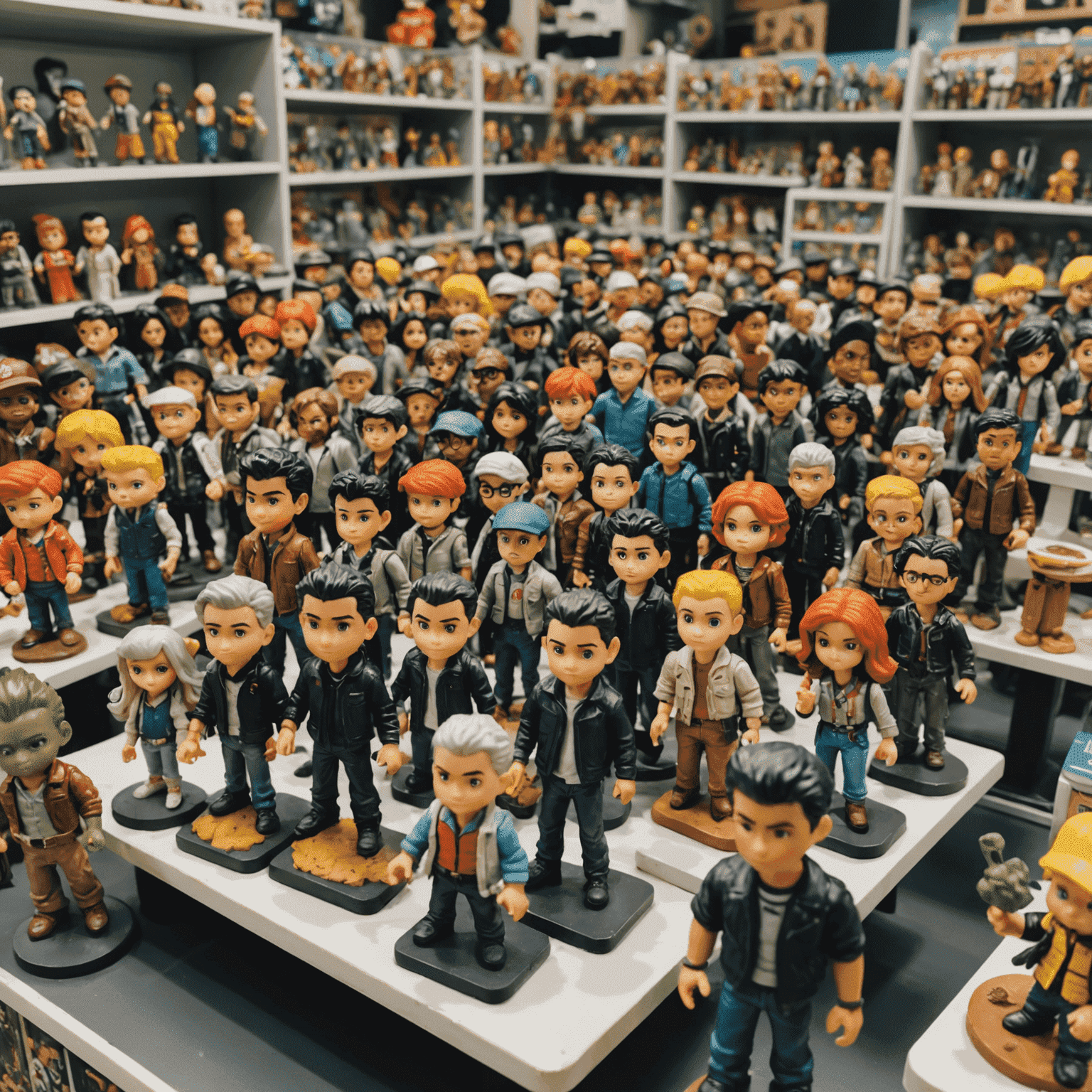 A lively Pop Mart collector meetup with tables full of rare and common figures, collectors trading and discussing their collections