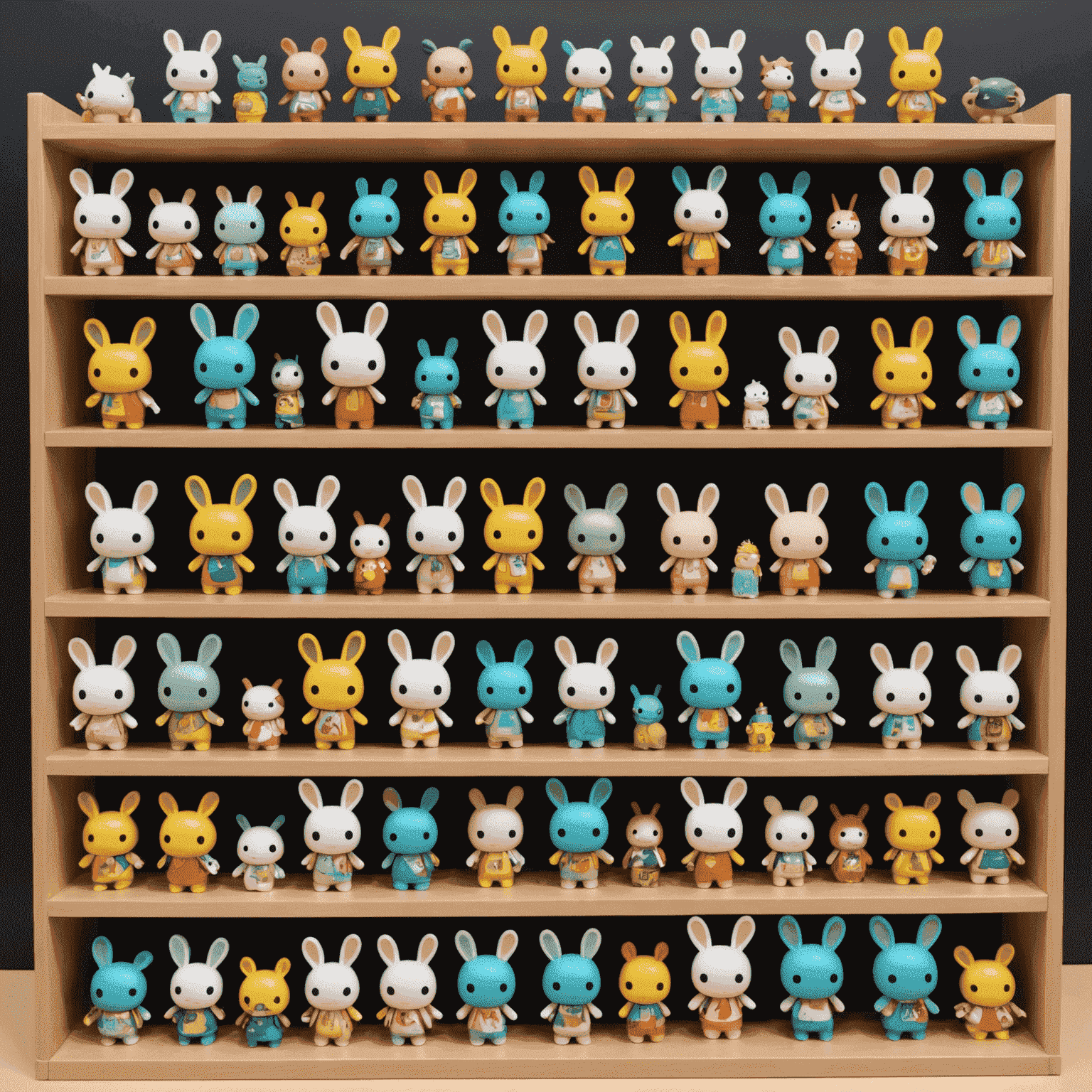 An impressive display of various Labubu figures from Pop Mart, showcasing different colors, designs, and limited editions arranged neatly on custom shelving.