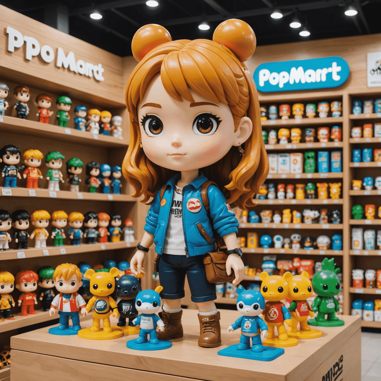 A display showcasing Pop Mart figures alongside recognizable brand logos and artist signatures