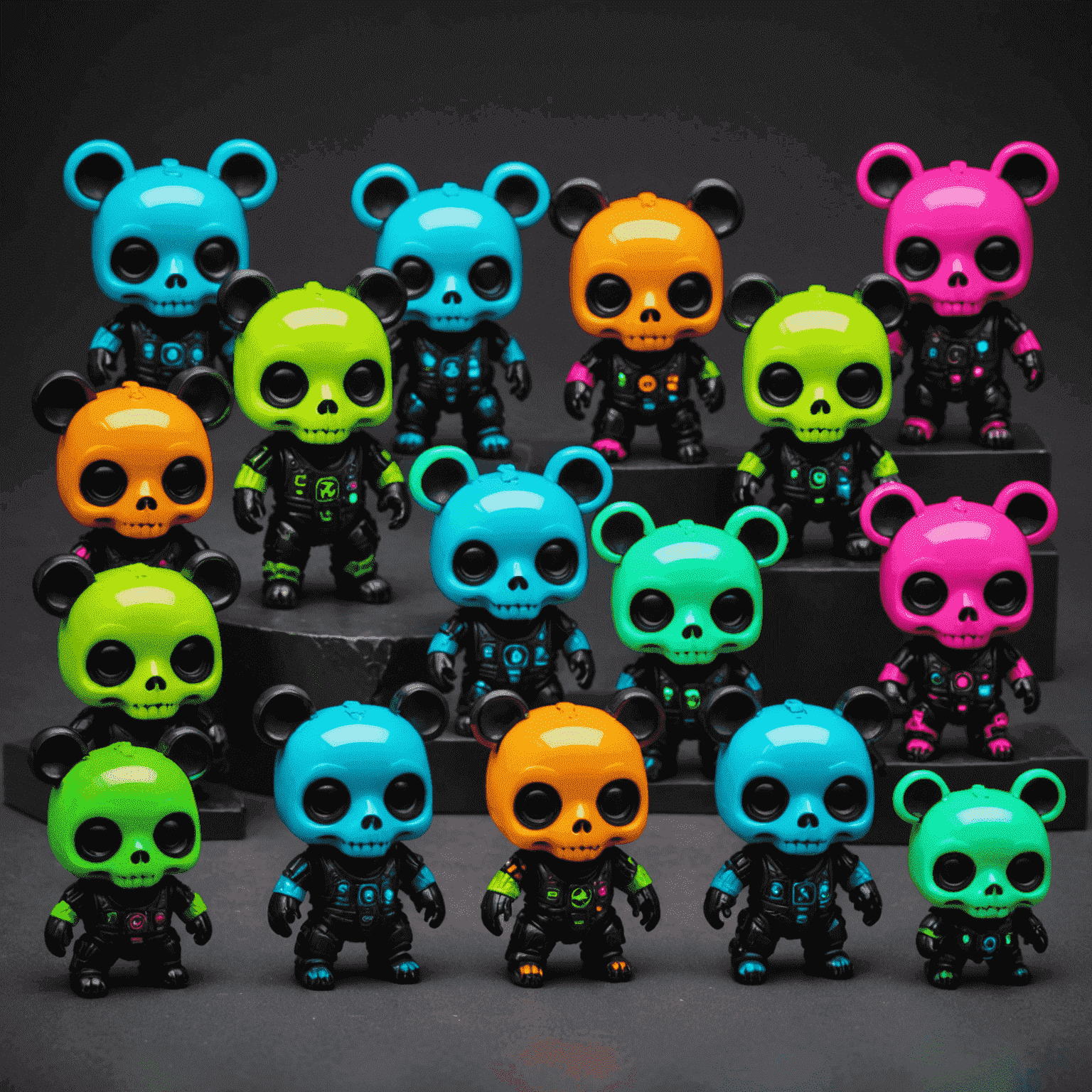 A collection of SKULLPANDA figures in vibrant neon colors. Each figure has a unique cyberpunk-inspired design with glowing accents and futuristic accessories.