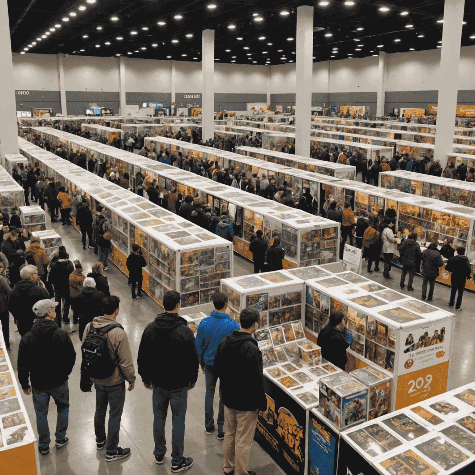 Large convention hall filled with Pop Mart booths, displays, and crowds of collectors examining new figure releases