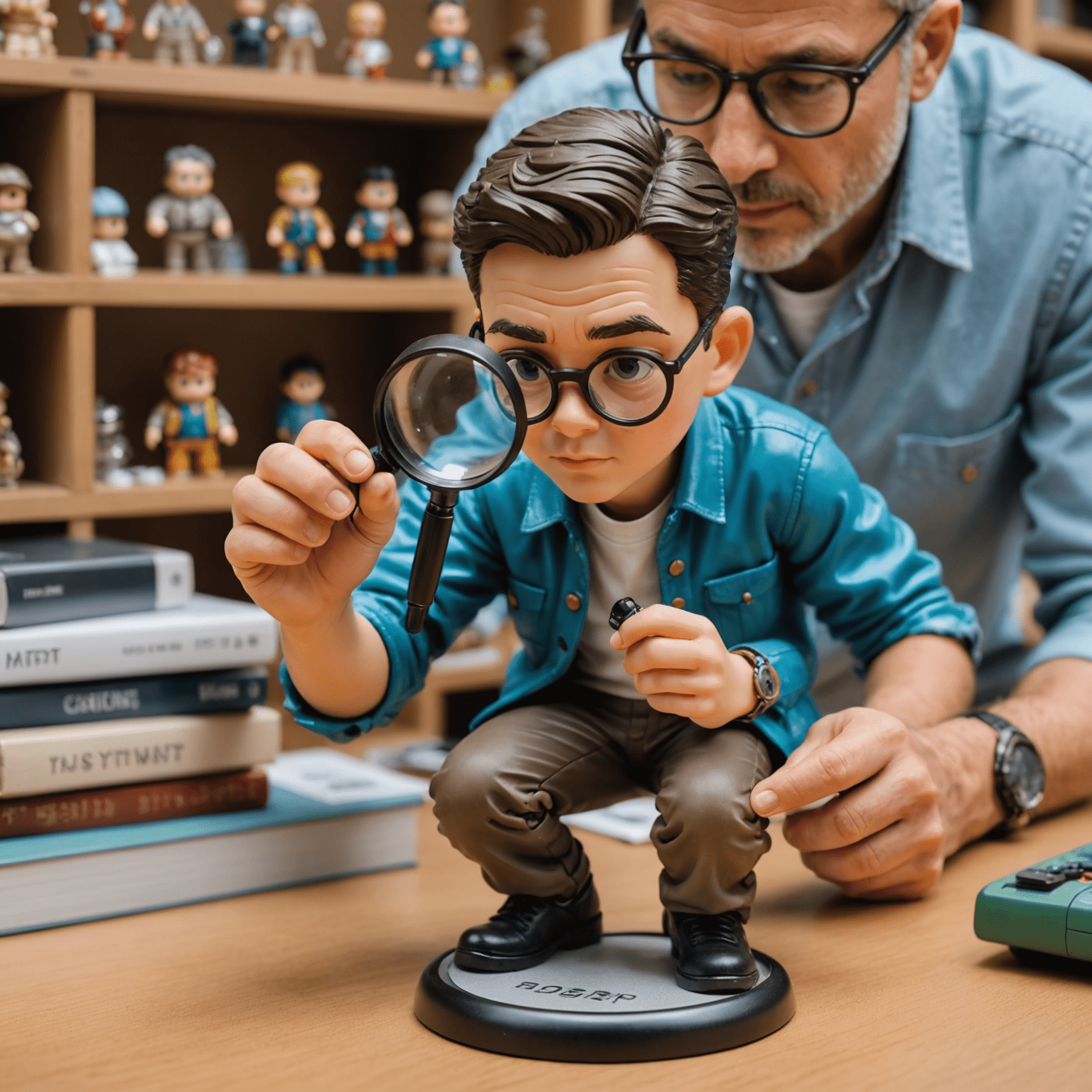An expert examining a rare Pop Mart figure under a magnifying glass, with authentication tools nearby