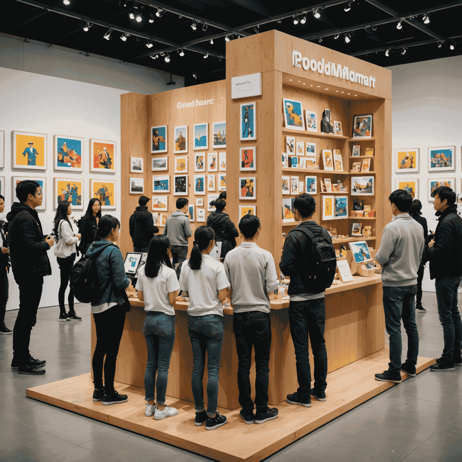 A grand Pop Mart exhibition with large displays of various figure series, interactive installations, and crowds of visitors exploring the colorful exhibits