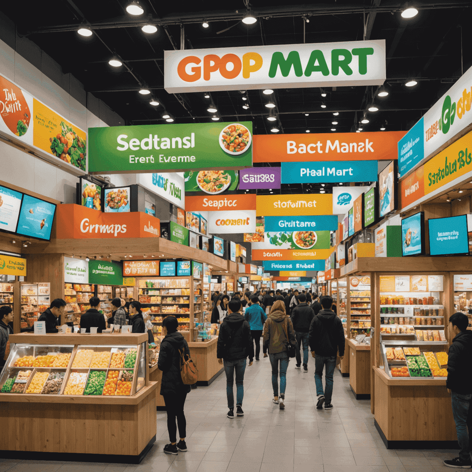 A bustling Pop Mart exhibition with colorful booths, large figure displays, and excited attendees