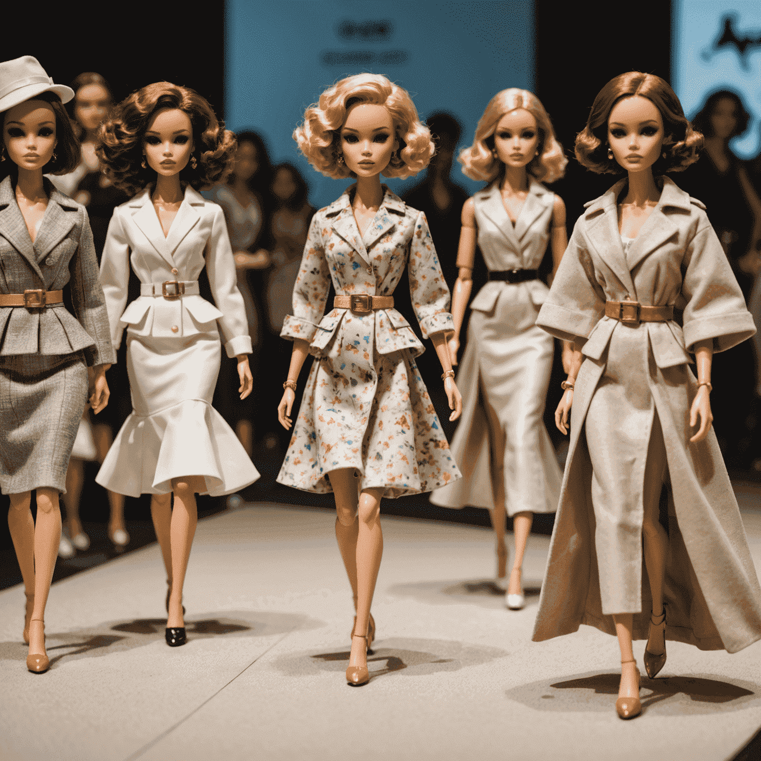 Pop Mart figures dressed in haute couture outfits on a miniature runway with fashion industry attendees
