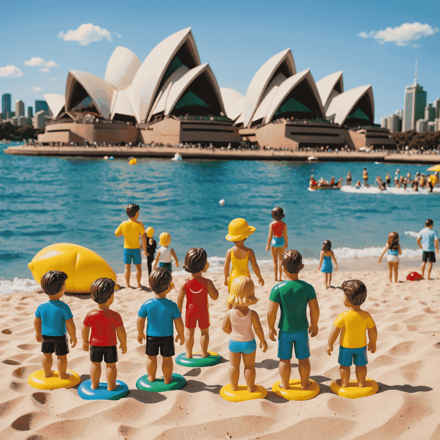 Pop Mart figures arranged in a beach scene with Sydney Opera House in the background and beachgoers interacting with large Labubu inflatables